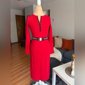 Red Midi Dress with Zip Front and Graphic Elastic Belt